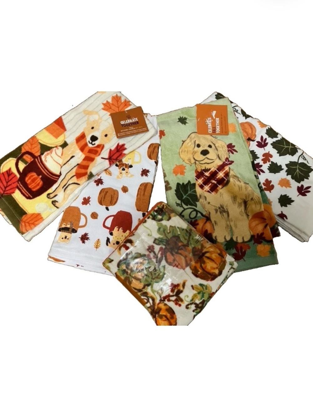 Autumn Dog & Pumpkin Kitchen Towels with 8 pack of Dish Cloths Brand New